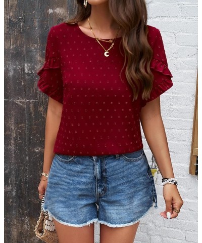 Women's Tops 2024 Summer Ruffle Short Sleeve Crewneck Blouses Swiss Dots Solid Loose Tunics Work Shirts Wine Red $16.49 Blouses