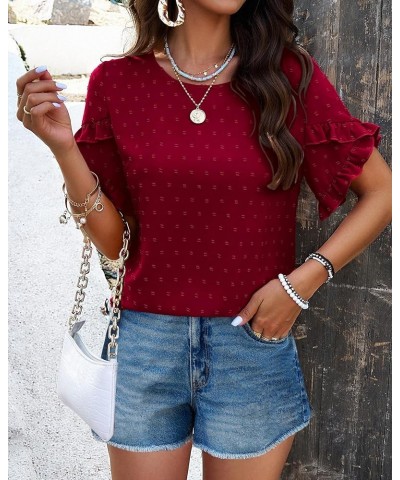 Women's Tops 2024 Summer Ruffle Short Sleeve Crewneck Blouses Swiss Dots Solid Loose Tunics Work Shirts Wine Red $16.49 Blouses