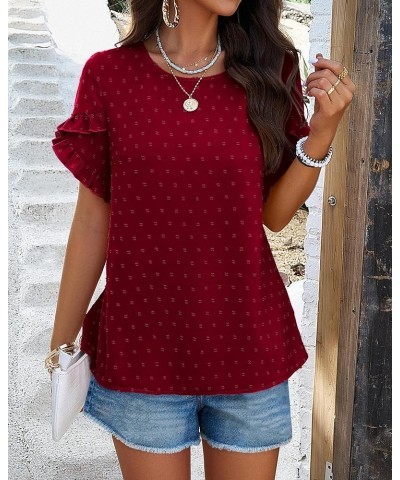 Women's Tops 2024 Summer Ruffle Short Sleeve Crewneck Blouses Swiss Dots Solid Loose Tunics Work Shirts Wine Red $16.49 Blouses