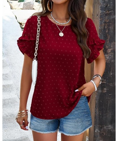 Women's Tops 2024 Summer Ruffle Short Sleeve Crewneck Blouses Swiss Dots Solid Loose Tunics Work Shirts Wine Red $16.49 Blouses