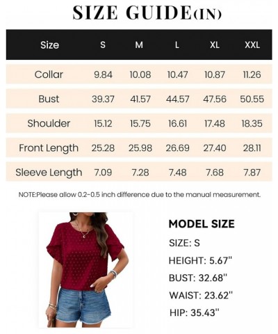 Women's Tops 2024 Summer Ruffle Short Sleeve Crewneck Blouses Swiss Dots Solid Loose Tunics Work Shirts Wine Red $16.49 Blouses