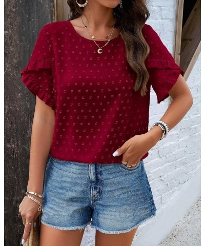 Women's Tops 2024 Summer Ruffle Short Sleeve Crewneck Blouses Swiss Dots Solid Loose Tunics Work Shirts Wine Red $16.49 Blouses