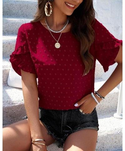 Women's Tops 2024 Summer Ruffle Short Sleeve Crewneck Blouses Swiss Dots Solid Loose Tunics Work Shirts Wine Red $16.49 Blouses