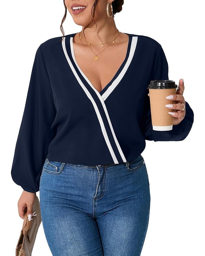 Women's Plus Size Casual Deep V Neck Lantern Long Sleeve Blouse Shirt Tops Navy Blue $11.39 Blouses