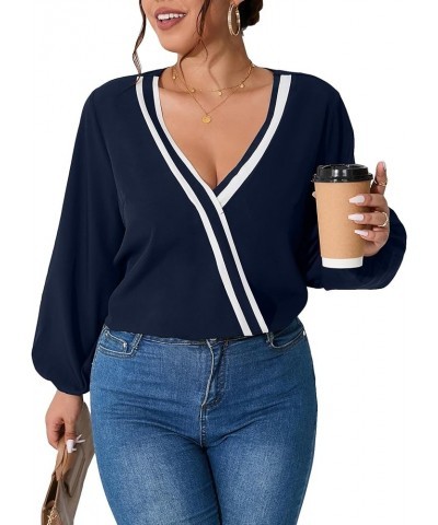 Women's Plus Size Casual Deep V Neck Lantern Long Sleeve Blouse Shirt Tops Navy Blue $11.39 Blouses