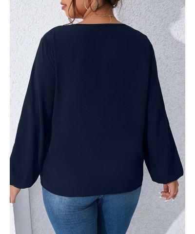 Women's Plus Size Casual Deep V Neck Lantern Long Sleeve Blouse Shirt Tops Navy Blue $11.39 Blouses