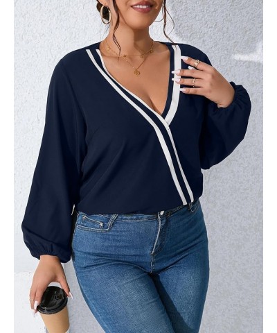 Women's Plus Size Casual Deep V Neck Lantern Long Sleeve Blouse Shirt Tops Navy Blue $11.39 Blouses