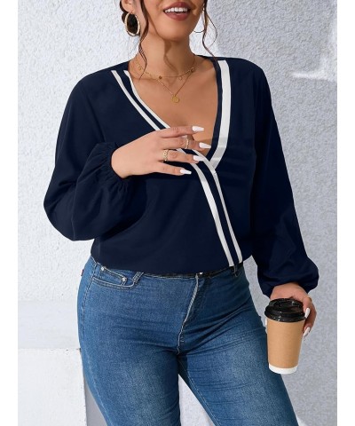 Women's Plus Size Casual Deep V Neck Lantern Long Sleeve Blouse Shirt Tops Navy Blue $11.39 Blouses