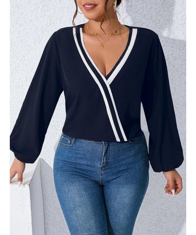 Women's Plus Size Casual Deep V Neck Lantern Long Sleeve Blouse Shirt Tops Navy Blue $11.39 Blouses