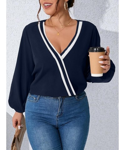 Women's Plus Size Casual Deep V Neck Lantern Long Sleeve Blouse Shirt Tops Navy Blue $11.39 Blouses