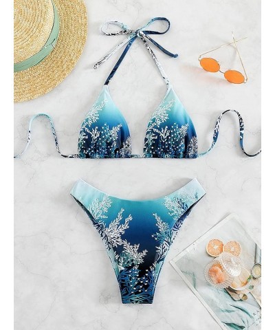 Women's 2 Piece Swimsuit Rhinestone Plant Print Halter Triangle High Cut Bikini Set Blue $13.23 Swimsuits