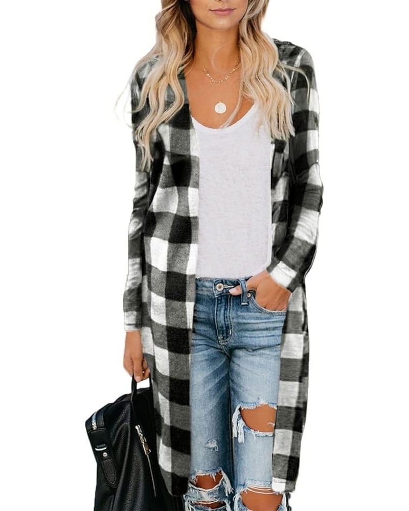 Womens 2023 Fashion Casual Open Front Printed Cardigans Sweaters Thin Coats Jackets Outerwear C Plaid Black(no Button/No Pock...