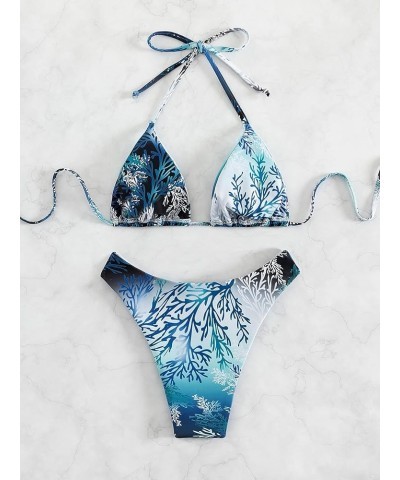 Women's 2 Piece Swimsuit Rhinestone Plant Print Halter Triangle High Cut Bikini Set Blue $13.23 Swimsuits