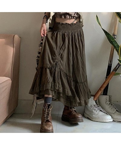 Women Y2K Fairy Grunge Midi Skirt Retro High Waist Lace A Line Ruffle Long Skirt Elastic Swing E Girls Maxi Skirt Army Green ...