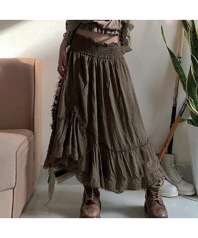 Women Y2K Fairy Grunge Midi Skirt Retro High Waist Lace A Line Ruffle Long Skirt Elastic Swing E Girls Maxi Skirt Army Green ...