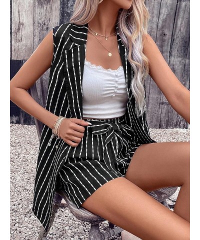 Women's 2 Piece Outfits Striped Print Sleeveless Vest Blazer and Belted Shorts Black $18.35 Jumpsuits