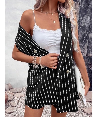 Women's 2 Piece Outfits Striped Print Sleeveless Vest Blazer and Belted Shorts Black $18.35 Jumpsuits