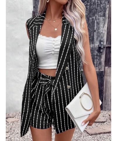 Women's 2 Piece Outfits Striped Print Sleeveless Vest Blazer and Belted Shorts Black $18.35 Jumpsuits