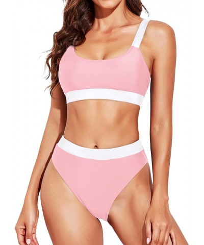 Women Two Piece High Waisted Bikini Swimsuits with Bottoms Teen Scoop Neck Sport Bathing Suits Pink White $19.94 Swimsuits