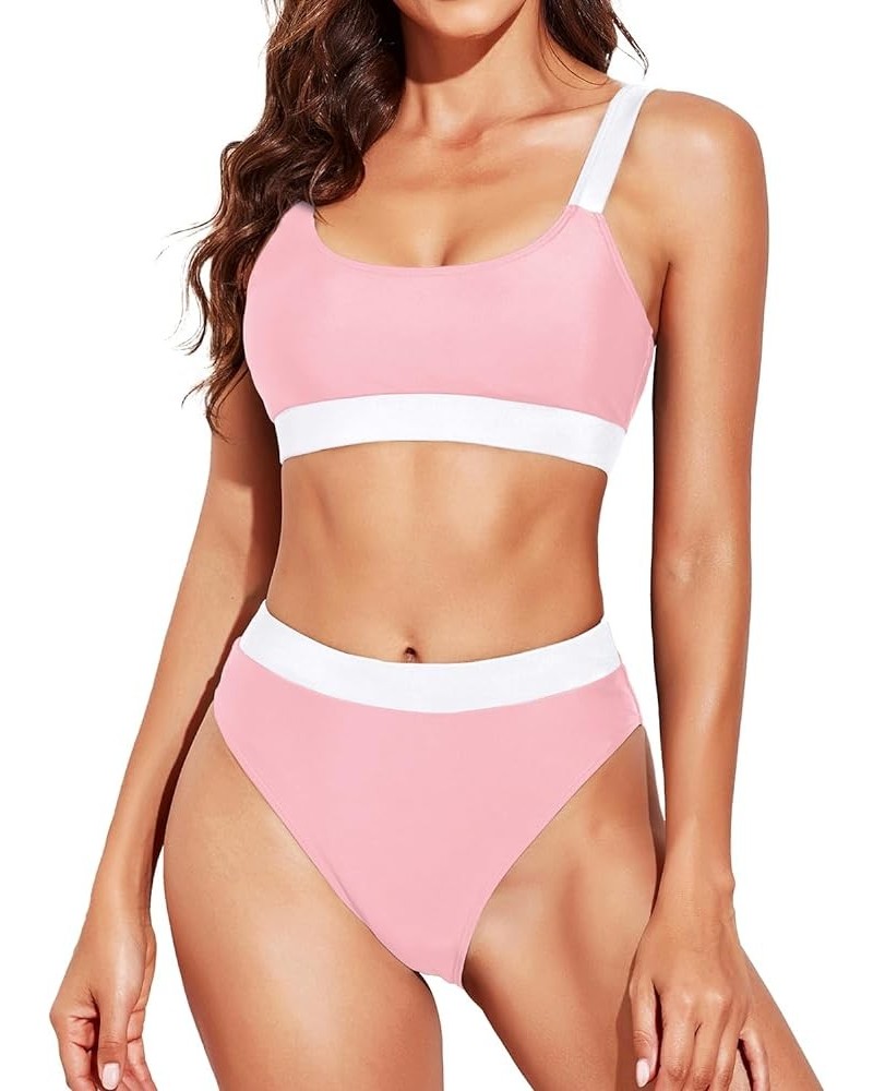 Women Two Piece High Waisted Bikini Swimsuits with Bottoms Teen Scoop Neck Sport Bathing Suits Pink White $19.94 Swimsuits