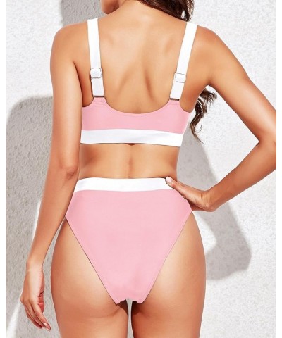 Women Two Piece High Waisted Bikini Swimsuits with Bottoms Teen Scoop Neck Sport Bathing Suits Pink White $19.94 Swimsuits