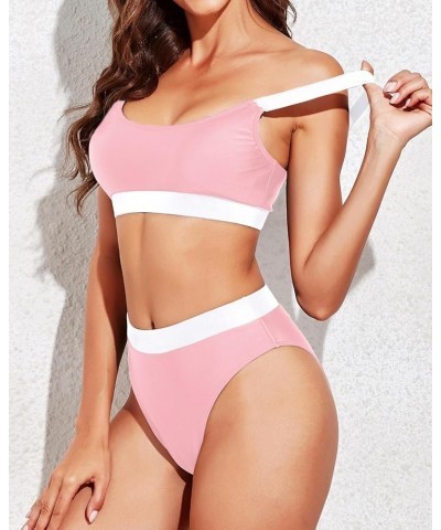 Women Two Piece High Waisted Bikini Swimsuits with Bottoms Teen Scoop Neck Sport Bathing Suits Pink White $19.94 Swimsuits