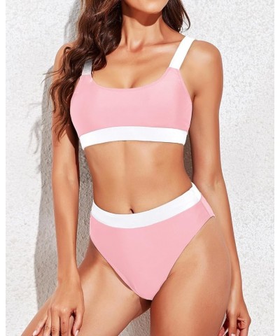 Women Two Piece High Waisted Bikini Swimsuits with Bottoms Teen Scoop Neck Sport Bathing Suits Pink White $19.94 Swimsuits