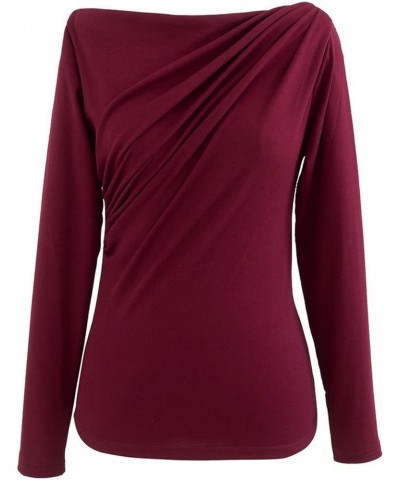 Women's Cream/Black/Burgundy Ruched Long Sleeves Knit Top Sweater Pullover Boat Neck-burgundy $19.89 Tops