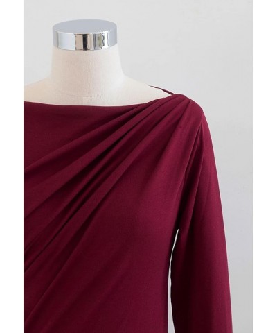 Women's Cream/Black/Burgundy Ruched Long Sleeves Knit Top Sweater Pullover Boat Neck-burgundy $19.89 Tops