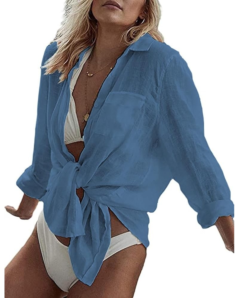 Beach Coverup for Women, Swimsuit Coverup Long Sleeve, Linen Bikini Cover Up Shirt, Bathing Suit Cover Ups for Pool Haze Blue...