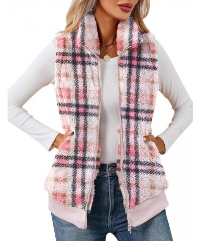 Womens Fuzzy Fleece Vest, Casual Warm Sleeveless Zip Up Sherpa Vest Jacket with Pockets for Fall/Winter Pink Plaid $19.74 Vests