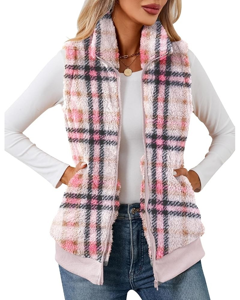 Womens Fuzzy Fleece Vest, Casual Warm Sleeveless Zip Up Sherpa Vest Jacket with Pockets for Fall/Winter Pink Plaid $19.74 Vests