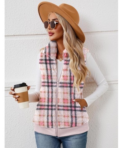 Womens Fuzzy Fleece Vest, Casual Warm Sleeveless Zip Up Sherpa Vest Jacket with Pockets for Fall/Winter Pink Plaid $19.74 Vests