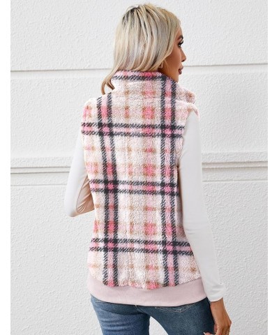 Womens Fuzzy Fleece Vest, Casual Warm Sleeveless Zip Up Sherpa Vest Jacket with Pockets for Fall/Winter Pink Plaid $19.74 Vests