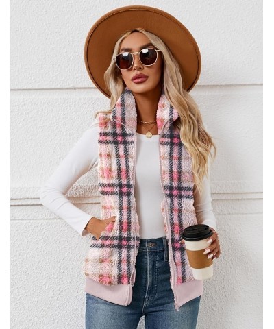 Womens Fuzzy Fleece Vest, Casual Warm Sleeveless Zip Up Sherpa Vest Jacket with Pockets for Fall/Winter Pink Plaid $19.74 Vests