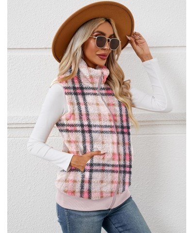 Womens Fuzzy Fleece Vest, Casual Warm Sleeveless Zip Up Sherpa Vest Jacket with Pockets for Fall/Winter Pink Plaid $19.74 Vests