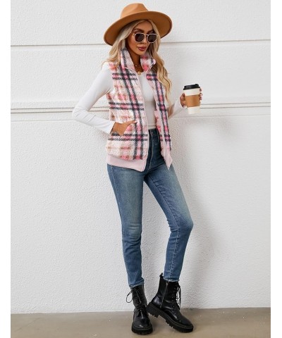 Womens Fuzzy Fleece Vest, Casual Warm Sleeveless Zip Up Sherpa Vest Jacket with Pockets for Fall/Winter Pink Plaid $19.74 Vests