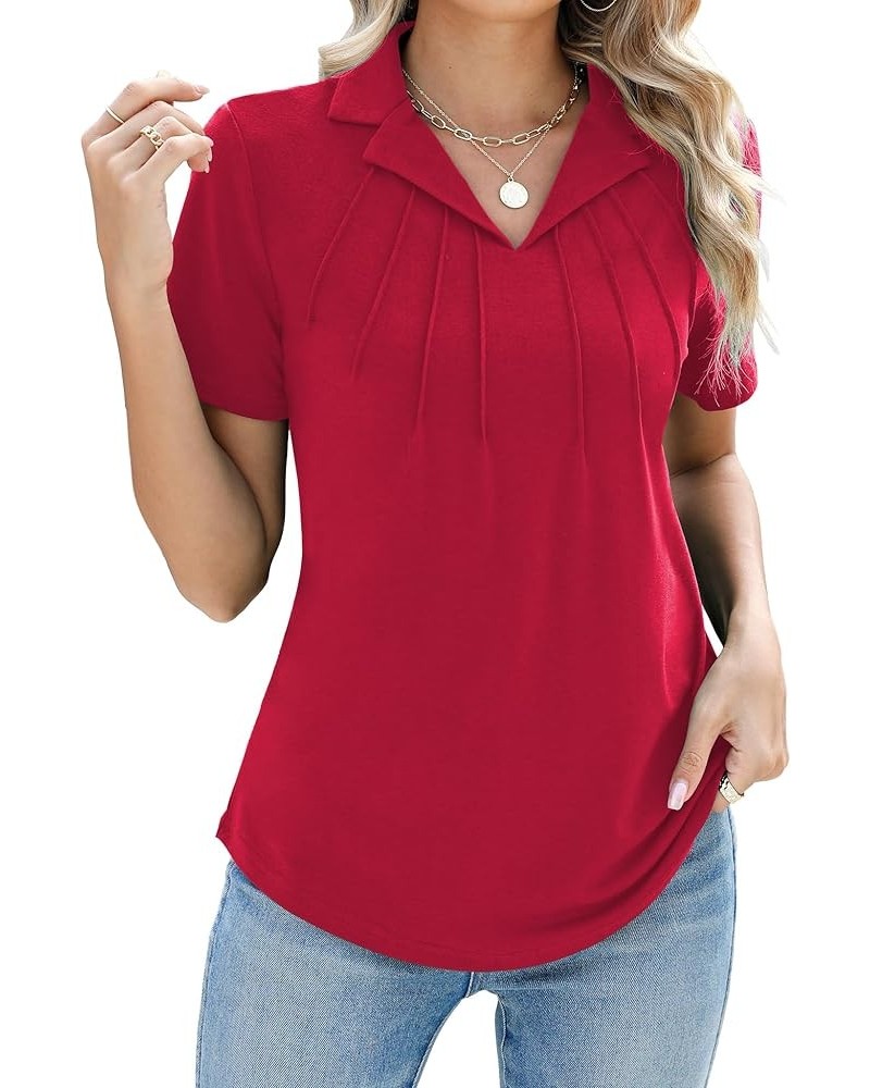 Women's Polo Shirts Short Sleeve V Neck Summer Business Casual Pleated Blouses Collared Work Tops Red $14.49 Shirts