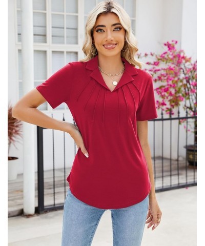 Women's Polo Shirts Short Sleeve V Neck Summer Business Casual Pleated Blouses Collared Work Tops Red $14.49 Shirts