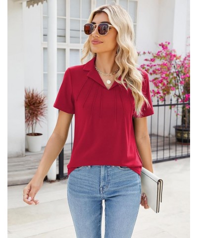 Women's Polo Shirts Short Sleeve V Neck Summer Business Casual Pleated Blouses Collared Work Tops Red $14.49 Shirts