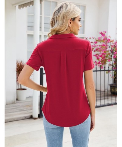 Women's Polo Shirts Short Sleeve V Neck Summer Business Casual Pleated Blouses Collared Work Tops Red $14.49 Shirts