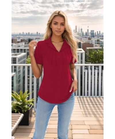 Women's Polo Shirts Short Sleeve V Neck Summer Business Casual Pleated Blouses Collared Work Tops Red $14.49 Shirts