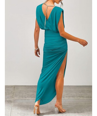 Women 2023 Summer Sleeveless Cocktail Dress Ruch Bodycon High Waist Asymmetrical Hem Slit Party Maxi Dresses Turquoise $17.15...