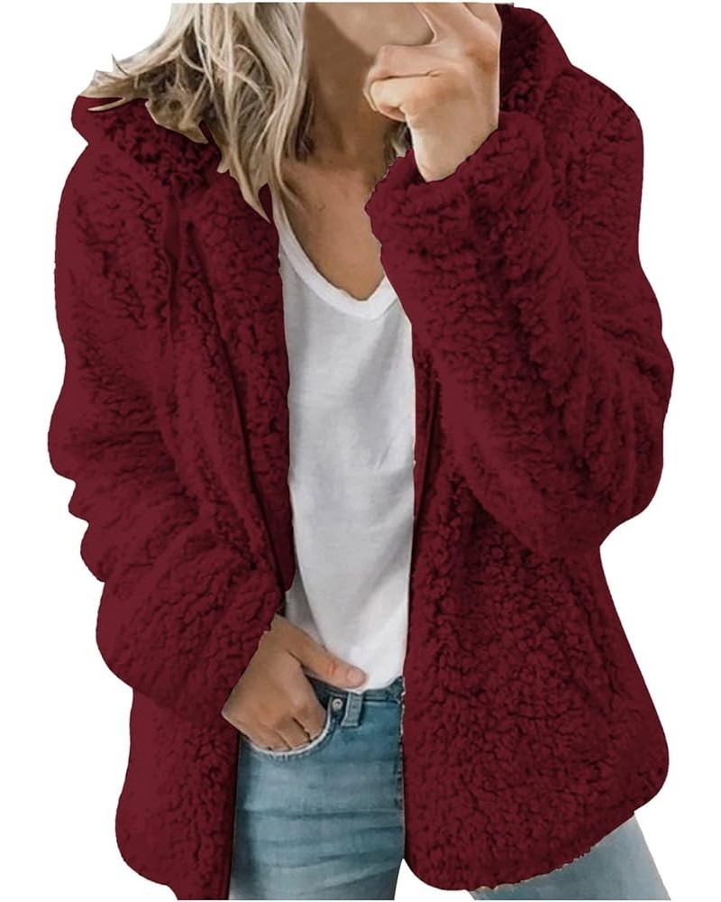 Womens Fuzzy Fleece Sherpa Winter Coats Zip Up Fall Outerwear Tops Thick Lined Open Front Coat Long Sleeve Hoodies 6 Wine $9....