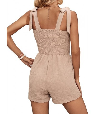 Women's Casual Tie Shoulder Smocked Sleeveless Summer Short Jumpsuit Romper With Pockets Beige $22.67 Rompers