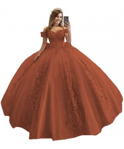 Women's Off Shoulder Quinceanera Dresses 3D Flower Puffy Ball Gown Lace Beaded Prom Dresses for Sweet 15 16 XY069 Burnt Orang...