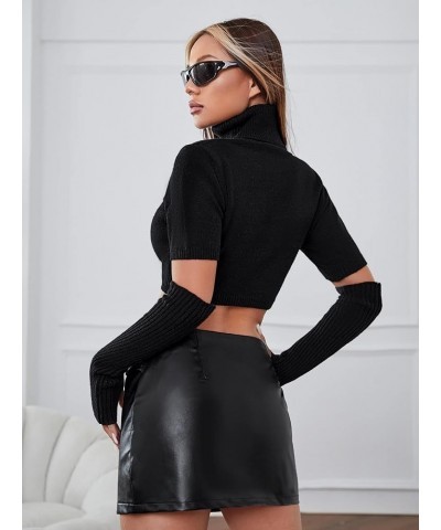 Women's Turtleneck Short Sleeve Knit Crop Top Sweater with Arm Sleeve Black $8.54 Sweaters