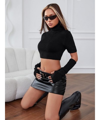 Women's Turtleneck Short Sleeve Knit Crop Top Sweater with Arm Sleeve Black $8.54 Sweaters