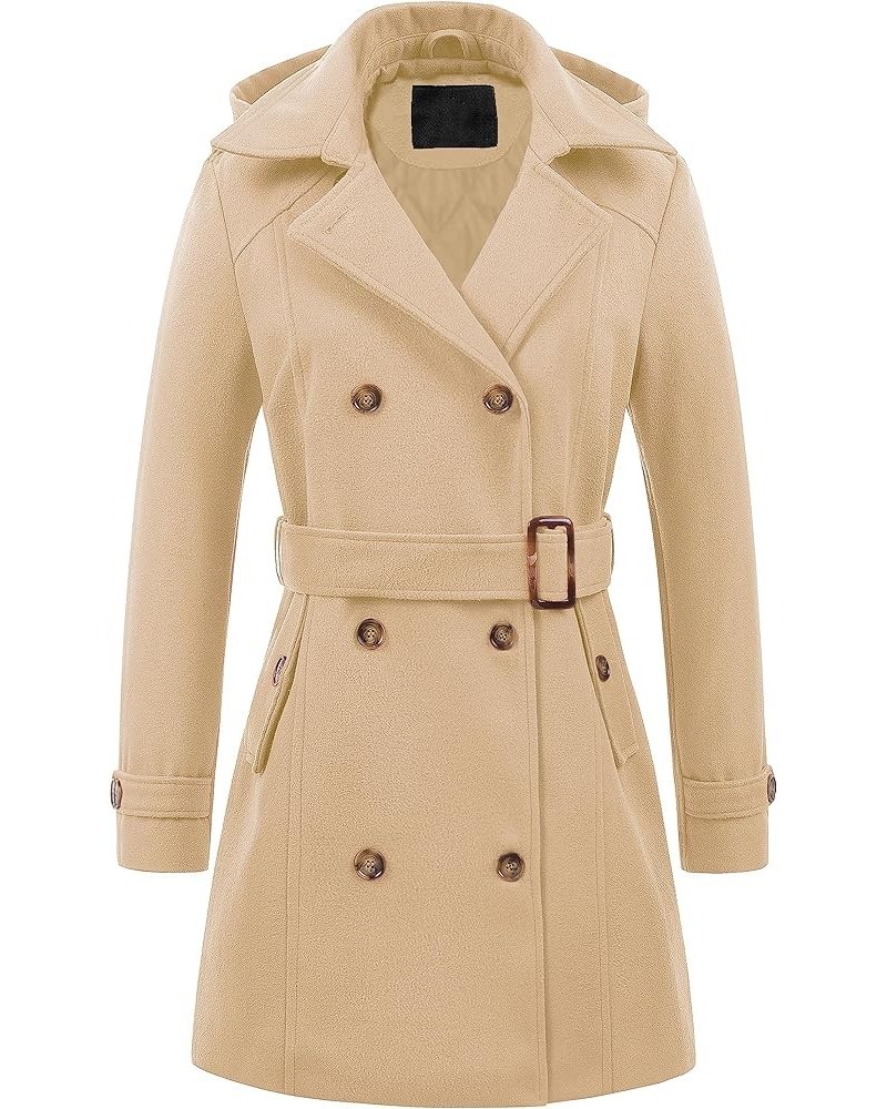 Women's Double Breasted Pea Coat Hooded Long Winter Trench Coat Khaki-thickened $38.23 Coats
