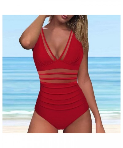 Women's One Piece Swimsuits Monokini One Piece Bathing Suits Tummy Control Cutout Mesh High Waisted Bathing Suit B-red $9.56 ...